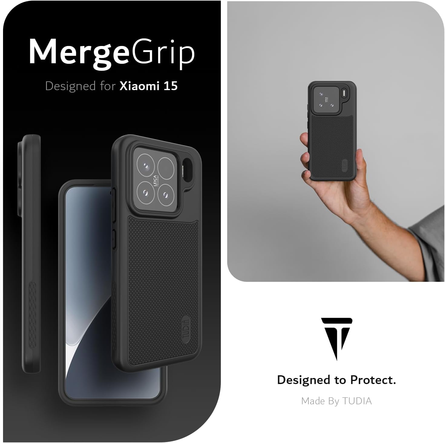 TUDIA MergeGrip Jet Black case for Xiaomi 15 5G – Military Grade, Raised Edge Protection, Enhanced Grip, Drop Tested (2025)

