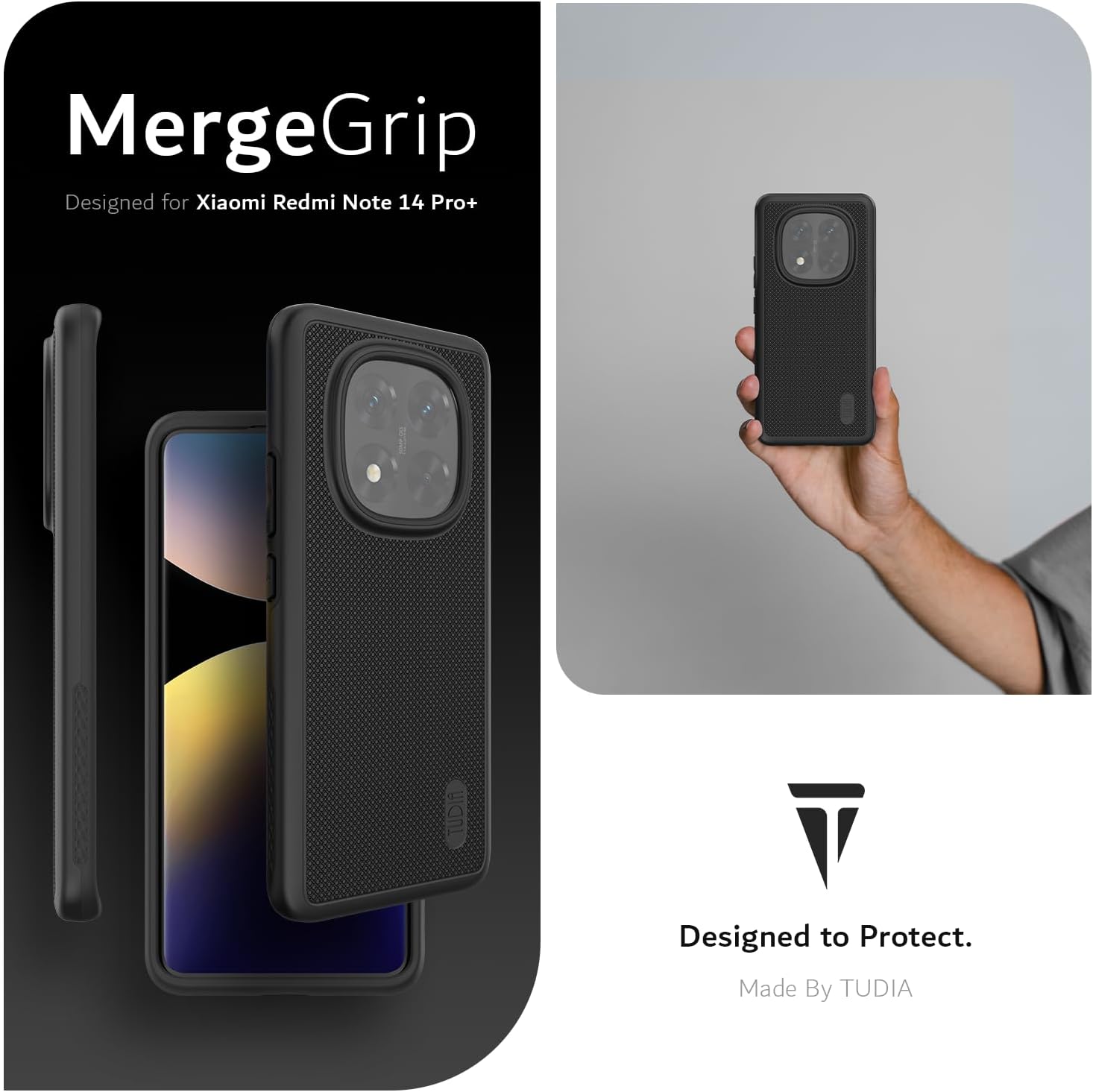 TUDIA MergeGrip Case for Xiaomi Redmi Note 14 Pro Plus 5G (2025) – Military Grade, Shockproof, Black